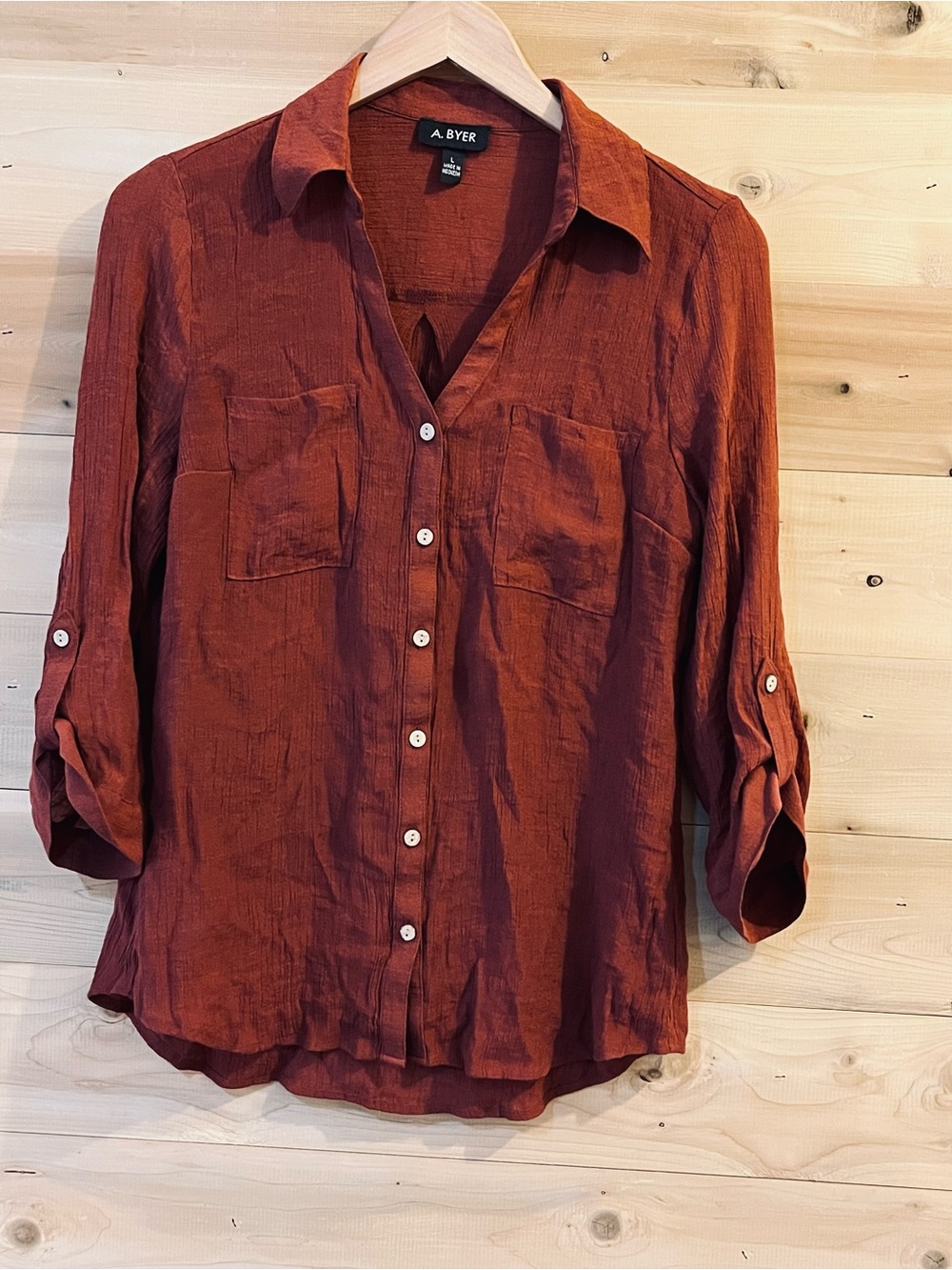 A. Byer burnt orange rayon button down lightweight blouse